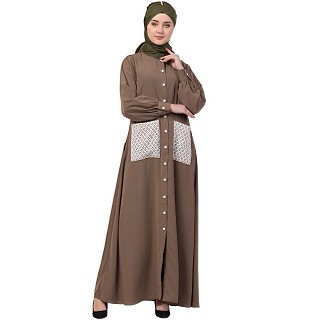 Front open abaya with white patch pocket- Khaki